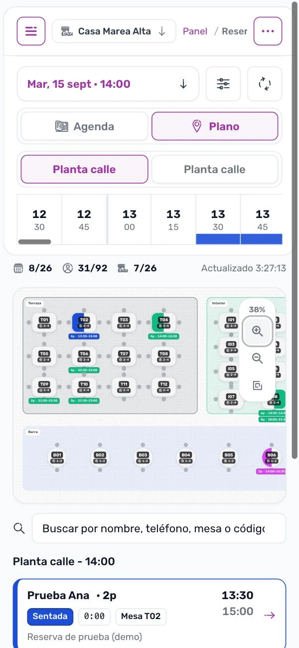 Editor de plano de sala con mesas y zonas
