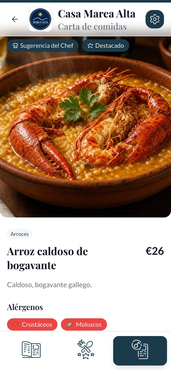 Ficha de un plato con foto, descripción y alérgenos