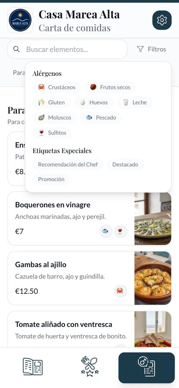 Filtro por alérgenos y etiquetas especiales sobre la carta