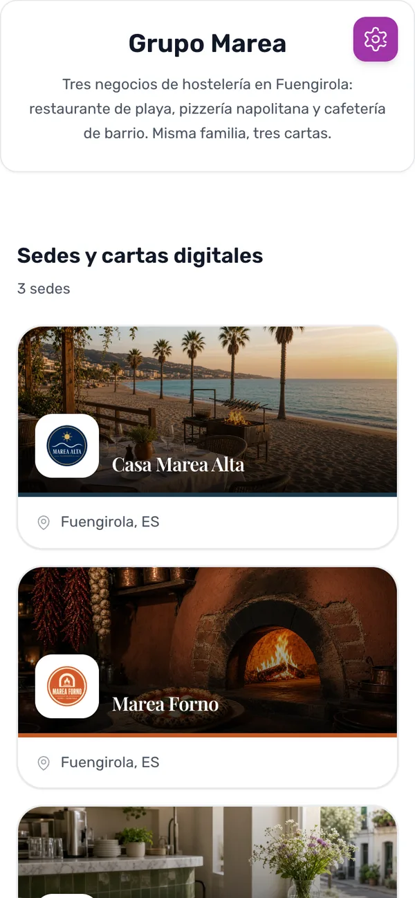Página pública de un grupo con sus tres restaurantes
