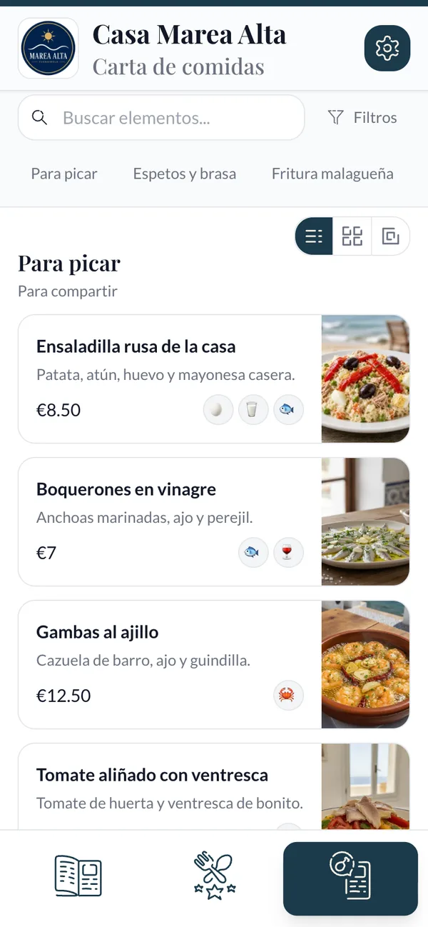 Lista de platos con foto, precio y alérgenos en la carta digital