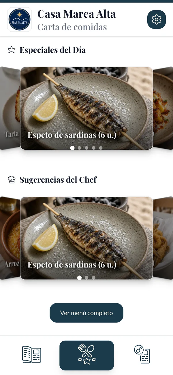 Especiales del día y sugerencias del chef con foto