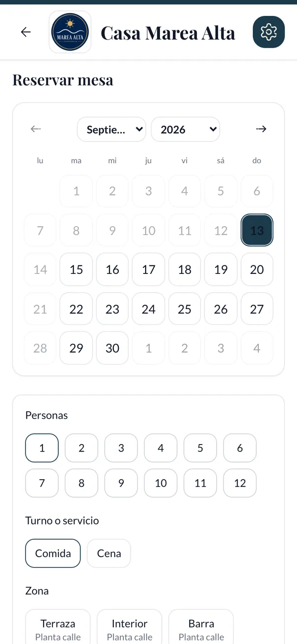 Reserva de mesa desde la carta: fecha, personas, turno y zona